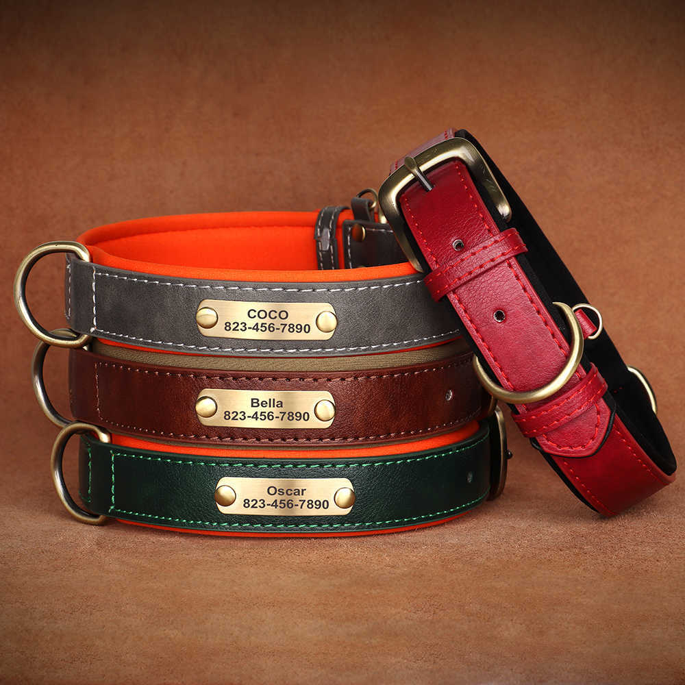 Customized dog collar with soft cushion leather pet collar suitable for small medium and large dogs no carved name board ID tag leak proof M250328