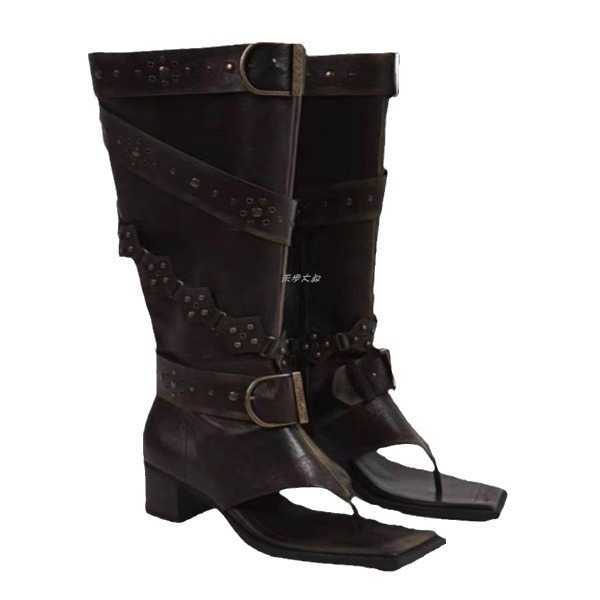 High-heeled Spice leather panty-tube boots Women's double-toed herringbone boots studded high-leg fashion boots J250328