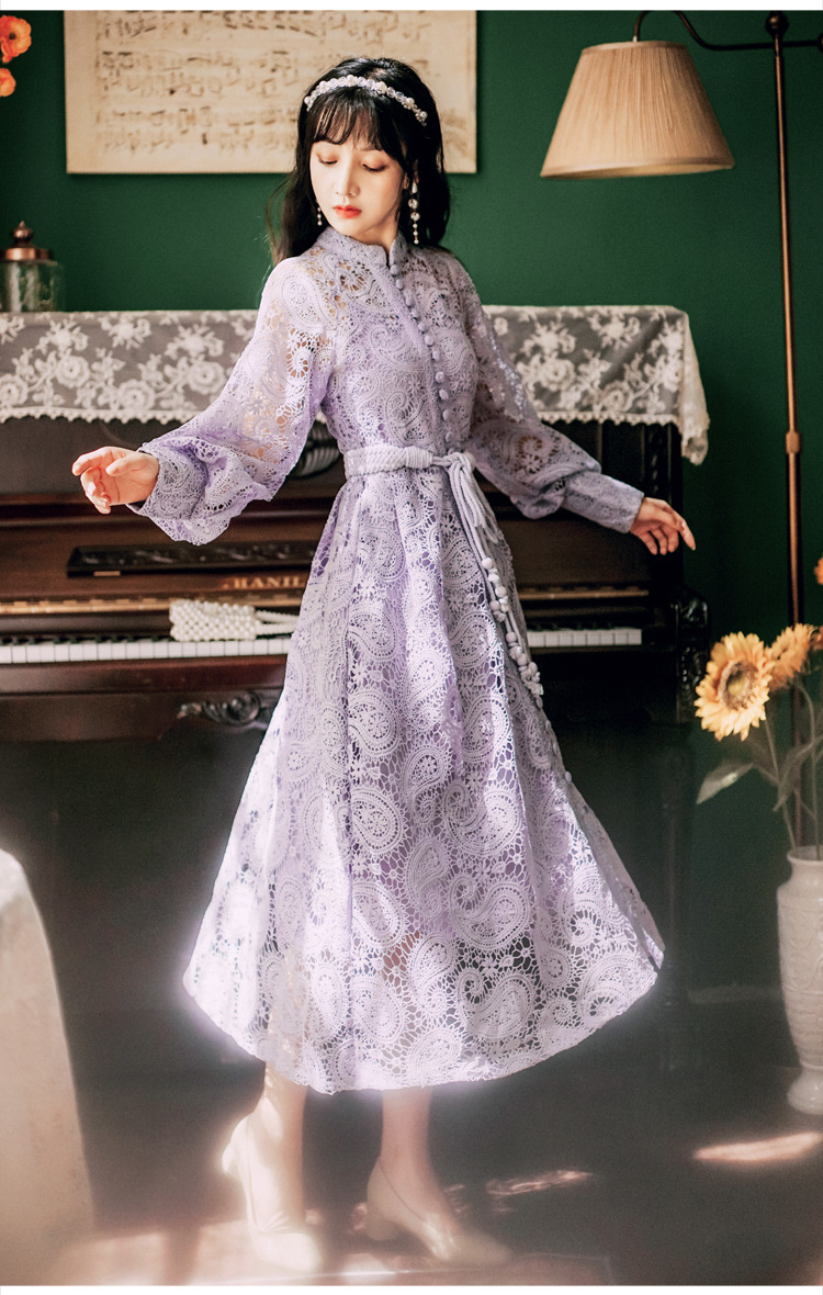 Casual Dresses 2025 Spring/Summer New Fairy Style Lace Hollow Lantern Long Sleeve Slim Tie up Long Dress