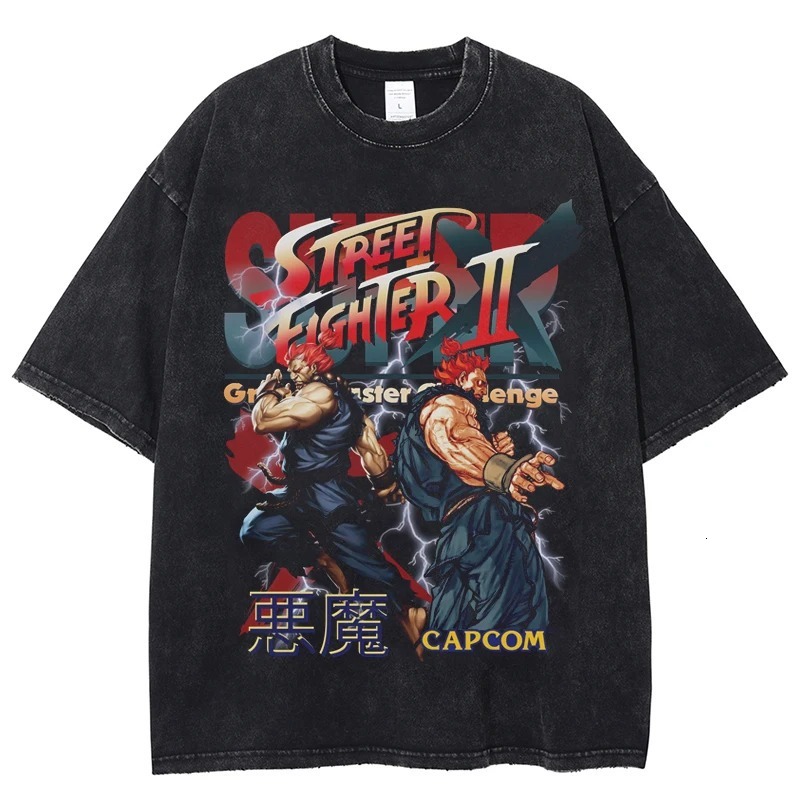2025 Summer New Fashion Designer Men's And Women's Sleeves Mens Vintage Washed T Shirt Akuma Street Fighter Game Short