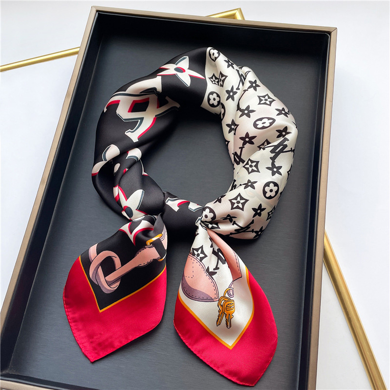 Artwork Design Print Flower imitate Silk Scarf Headband for Women Fashion Long Handle Bag Scarves Paris Shoulder Tote Luggage Ribbon Head Wraps 70x70CM 2Colors