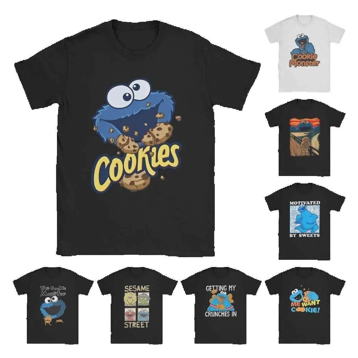 Sesame Street Biscuit Monster Men's Cotton Fun Round Neck Cartoon 80s TV Series Short Sleeve T-shirt Clothing