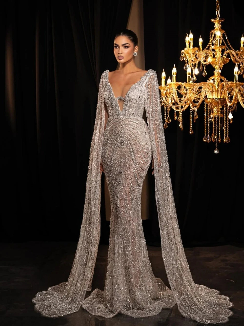 Luxury V Neck Wedding Dresses Beading Pearls Bridal Gowns Sequins Crystal Illusion Mermaid Customized Princess Backless Bride Dress Vestidos De Novia