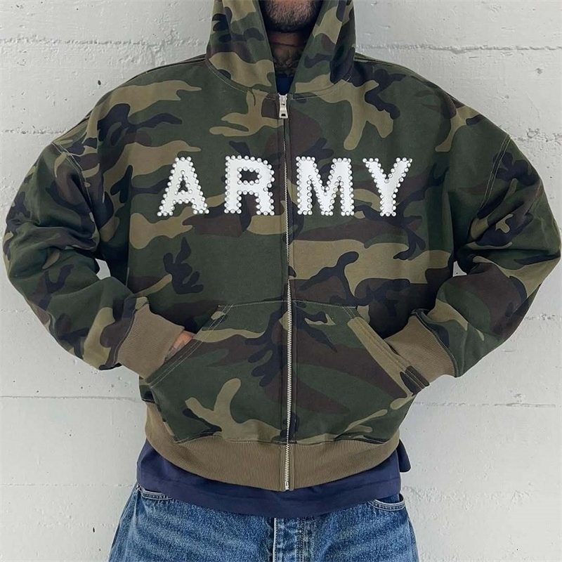 Harajuku American Y2K Simple Letter Printing Diamond-set Camouflage Zipper Hoodie Mens Trendy Street Hip-hop Rap Sports Jacket 250321