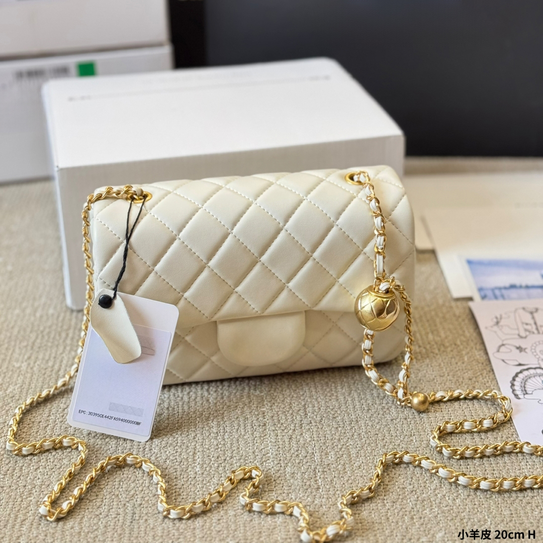 Luxury Shoulder Bags Designer Lambskin Shimmer Metallic Colors Square Quilted Classic Flap Big Gold Ball Chain Crossbody Handbag 20cm