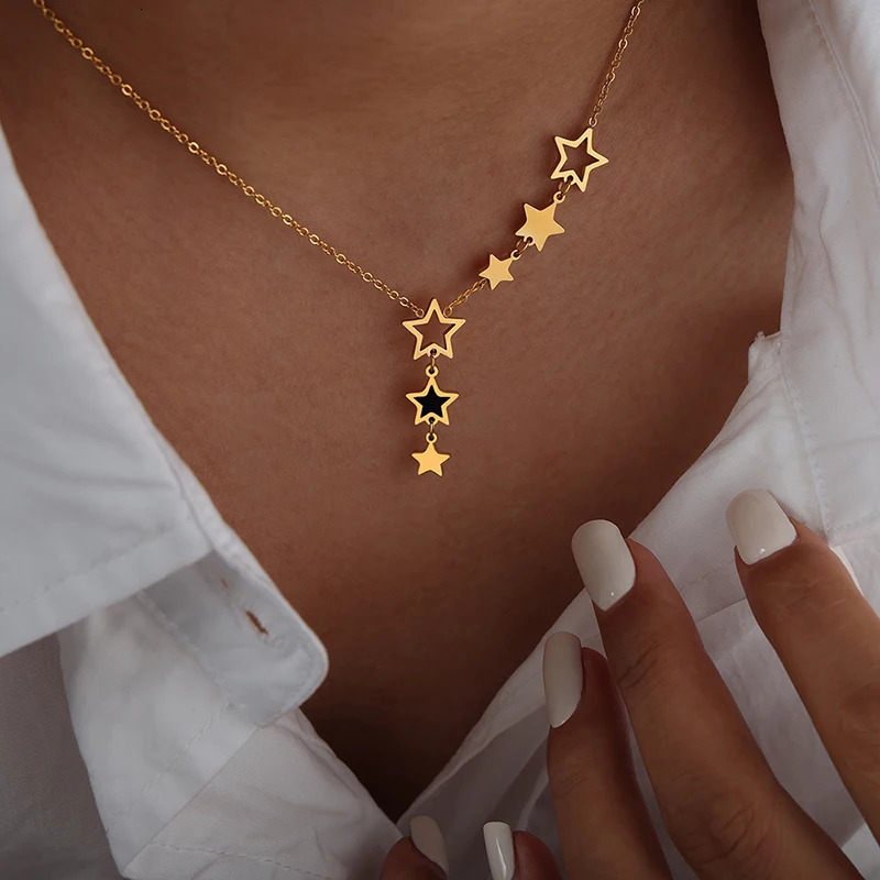 Trendy Star Pendant Necklace for Women High Quality Stainless Steel Gold Plated Chain Black Acrylic Fashion Jewelry Accesories 250327