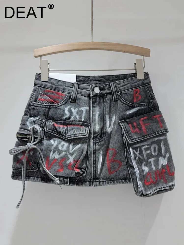 Trendy Vintage Women's Print Letter Pocket Mini Denim Skirts Spring Fashion New Items High Waist Skirt Female