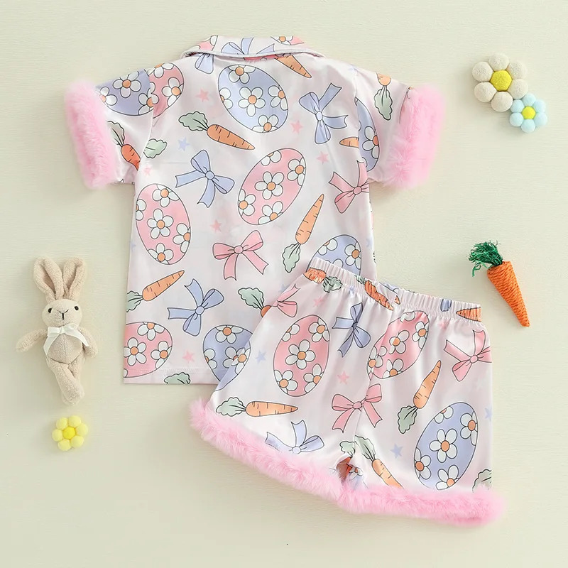 Kids Girls Easter Pajamas Set Easter Eggs Carrot Print Short Sleeve Shirts Elastic Waist Shorts 2 Pieces Lounge Suit Sleepwear 250328