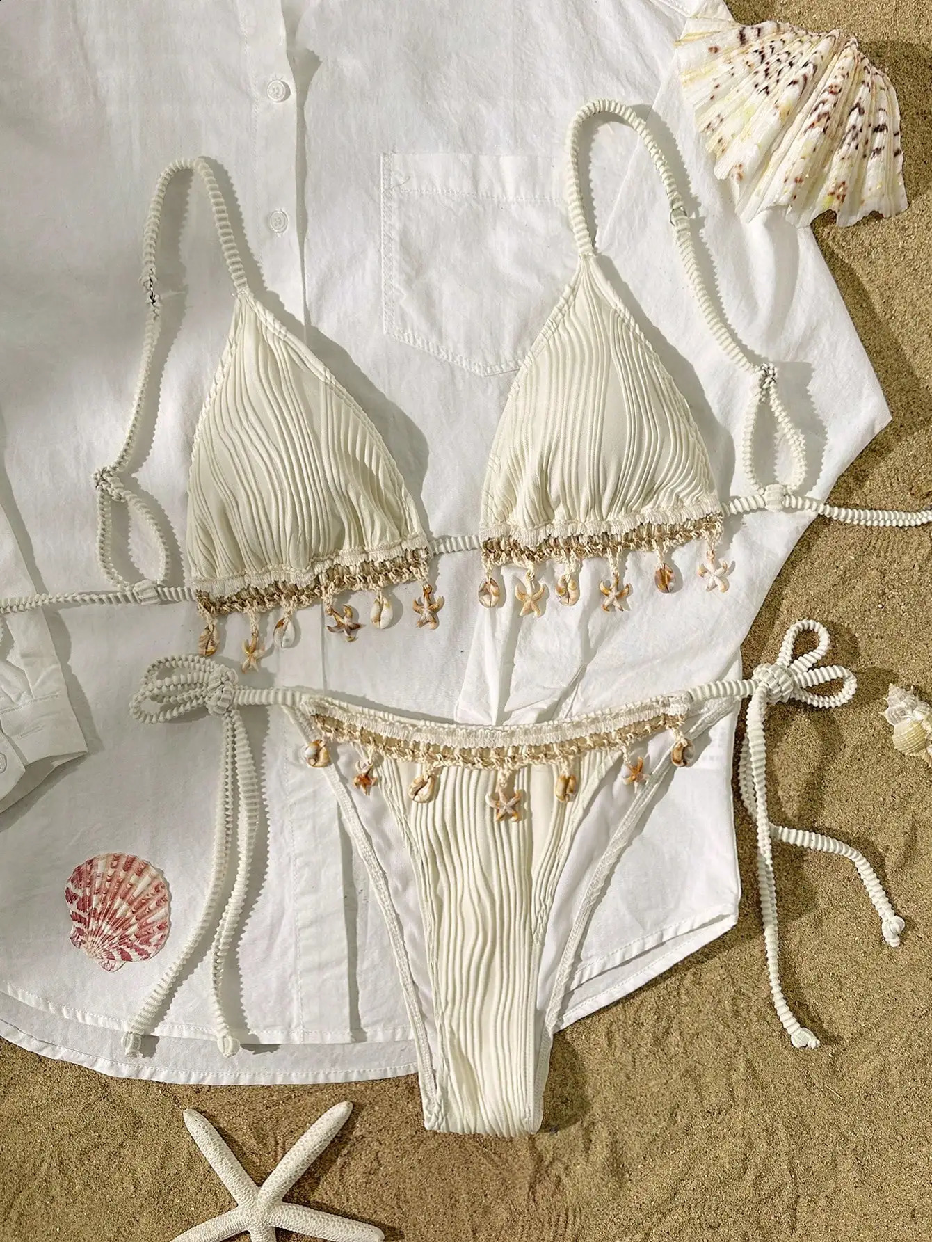 Peachtan Womens Solid Color Texture Fabric Shell Ribbon Triangle Cup Bikini Set Beach Voiceover w250327