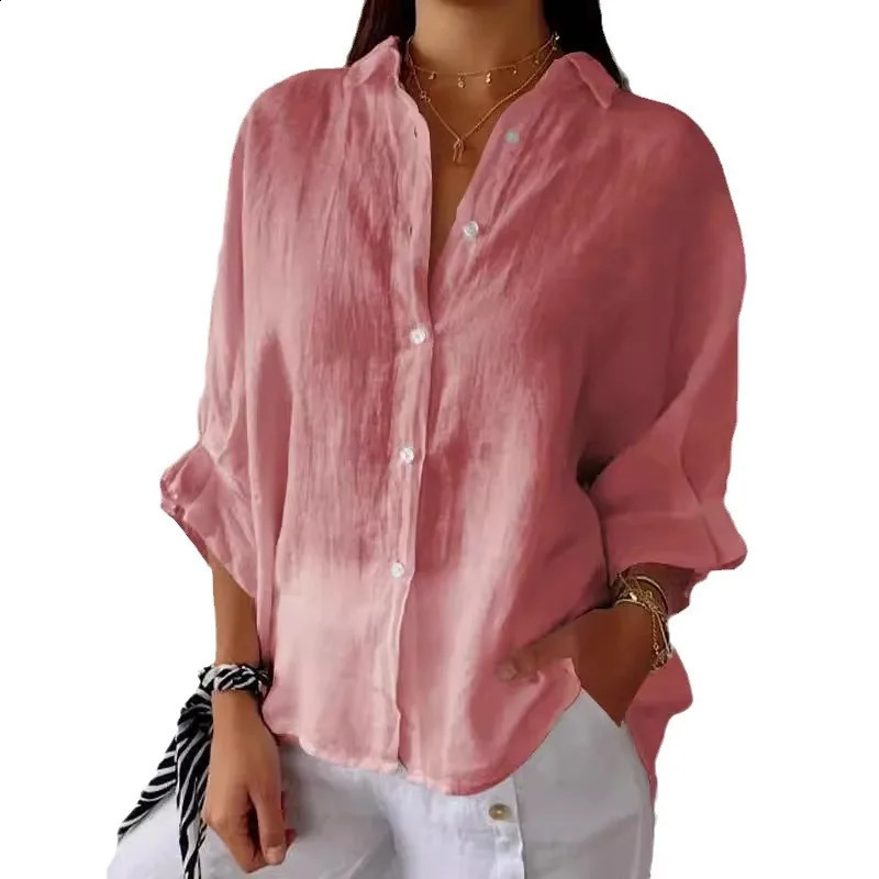Summer Casual Cotton Linen Button Shirt Women Fashion Loose Solid Lapel Cotton Office Linen Shirt Women Top Retro 2025 White 250327