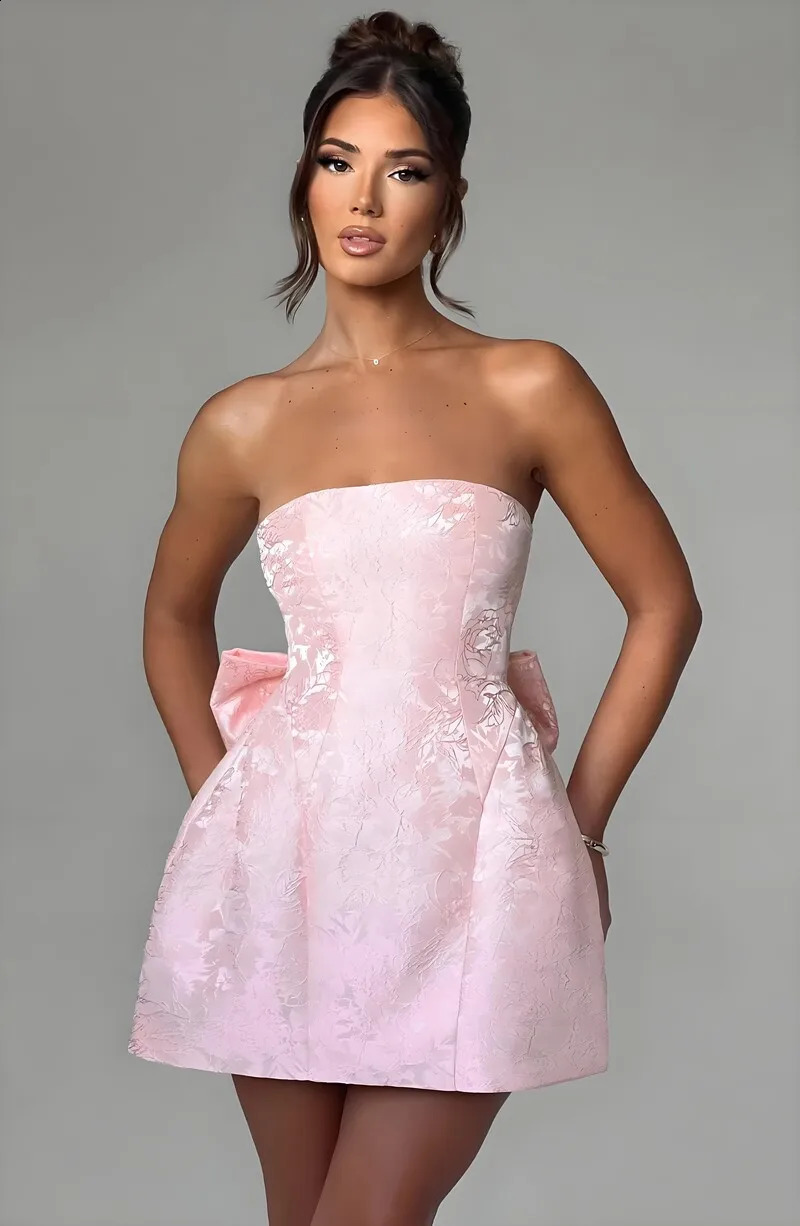 strapless sexy backless short skirt with fashionable strap style bow jacquard dress elegant ball dress 250327