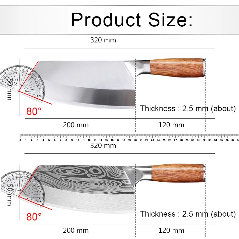Professional Cleaver Knives Heavy Duty Chinese Knife Wooden Handle Laser Damascus Knife Cleaver Meat Chicken Fish Kitchen Knife 250327