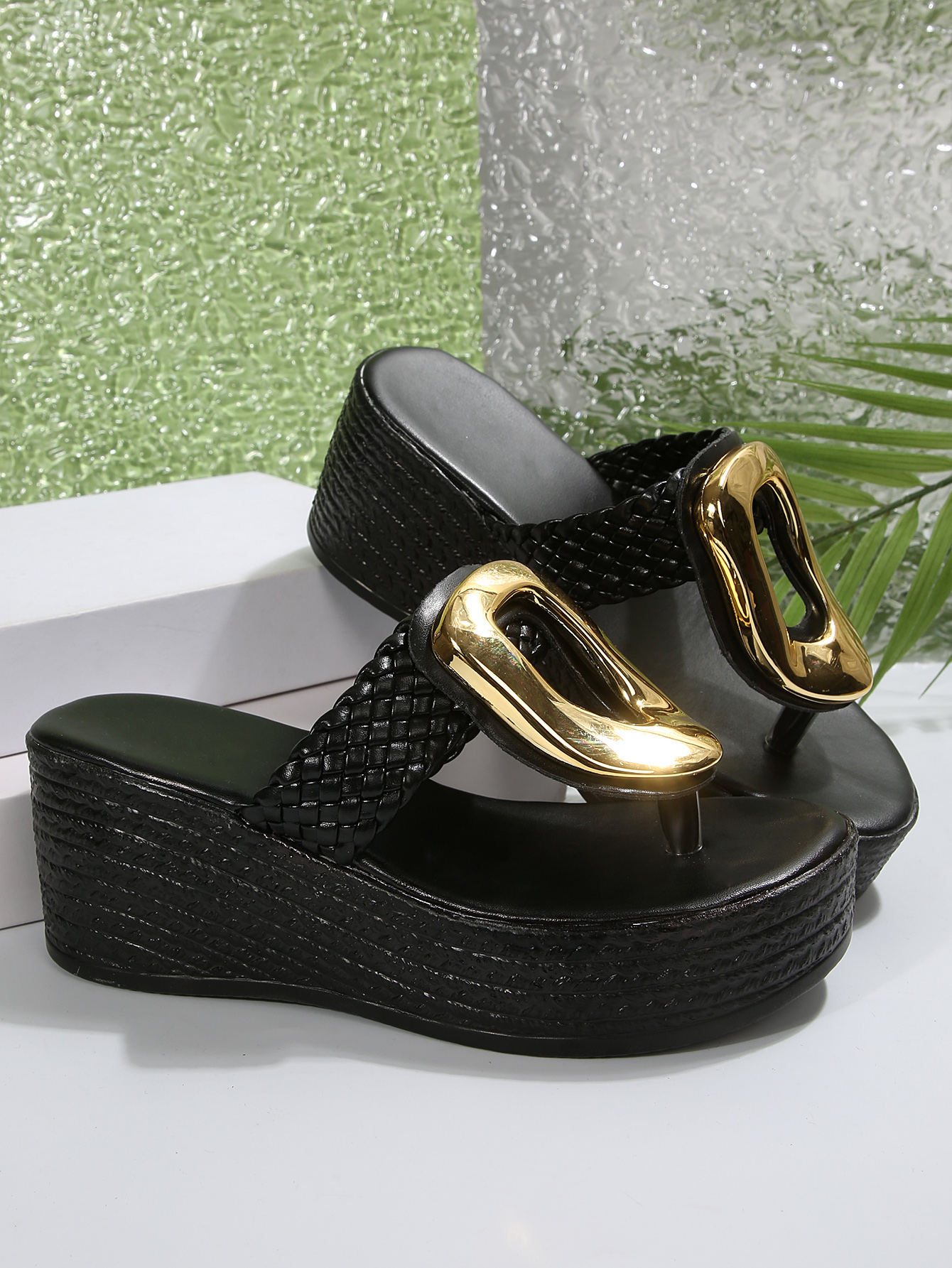 Chic Ladies' Casual Height Increasing Sandals - Comfy White Mesh Design with Gold Accents