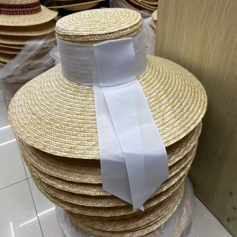 Natural womens sun hat black ribbon 12cm 15cm flat top wide and wide Brim straw hat Chapeu Sombrero beach hatXJ250329