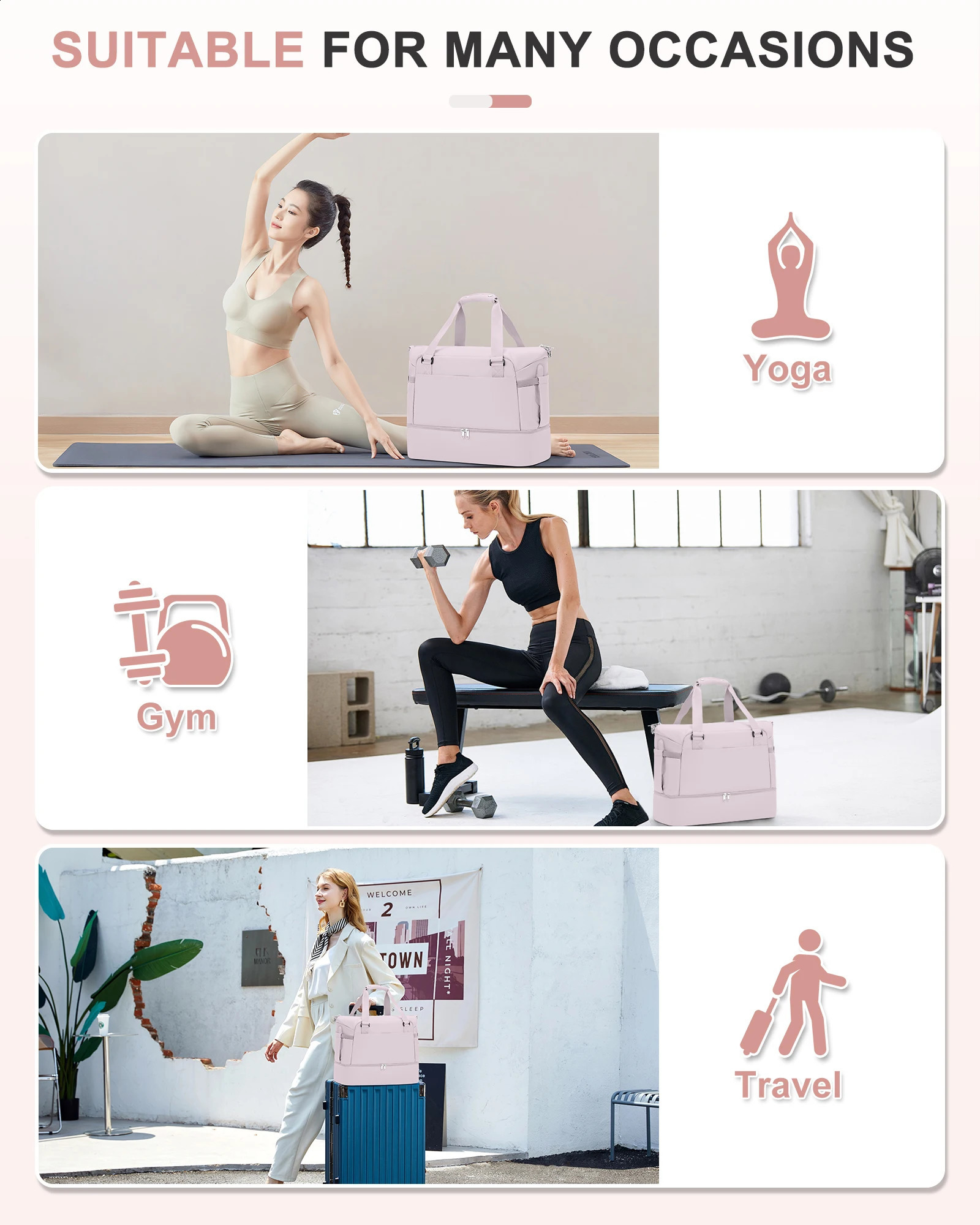 Gym Bag for Women Large Travel Duffel Bag Weekender Overnight Bag with Wet Pocket and Shoes Compartment for Travel Gym Yoga 250324