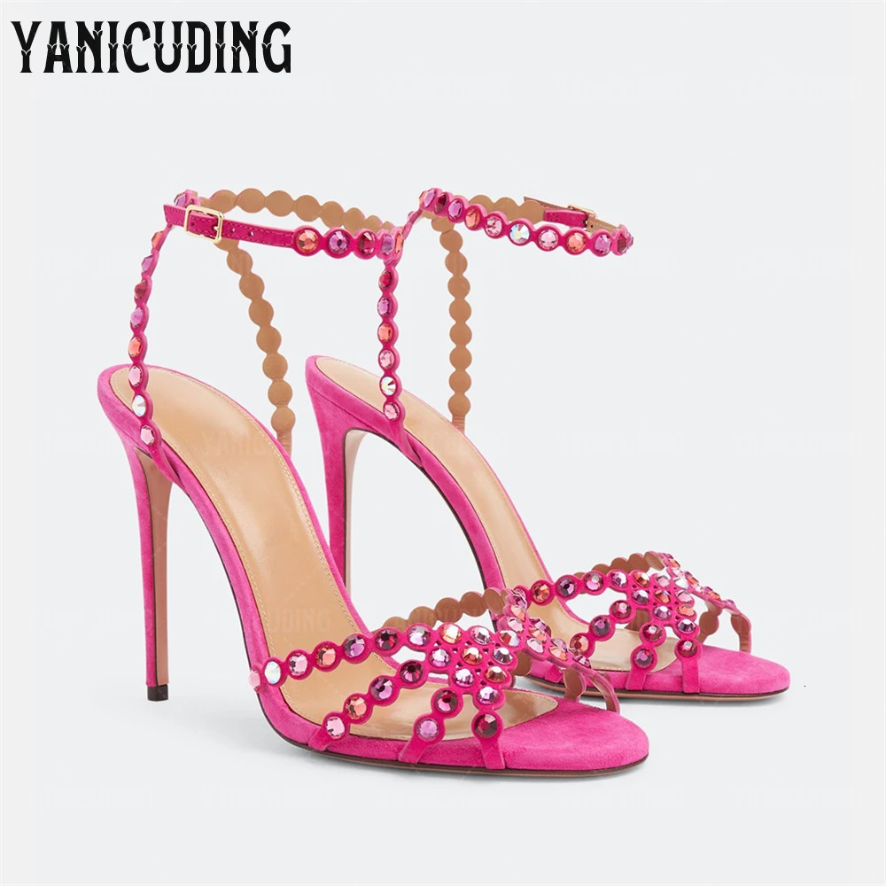 Crystal-Embellished Stiletto Sandals Rhinestone Ankle Strap High Heels Style Multicolor Pvc Leather Sandals 250328