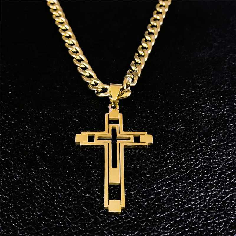 2019 Hip Hop Cross Stainless Steel Chain Necklace Gold Long Pendant Necklace Suitable for Women/Men Jewelry Collar Homme N6055S05 Y250329