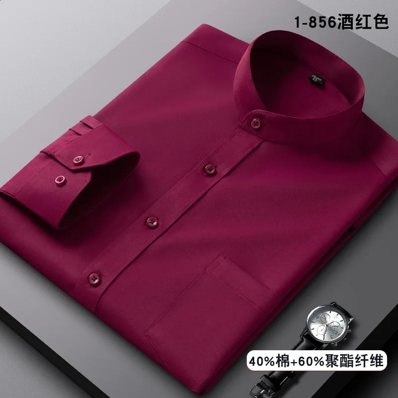 Stand up collar mens long sleeved Chinese Tang style dress breathable wrinkle resistant easy to care for business casual dress 250327