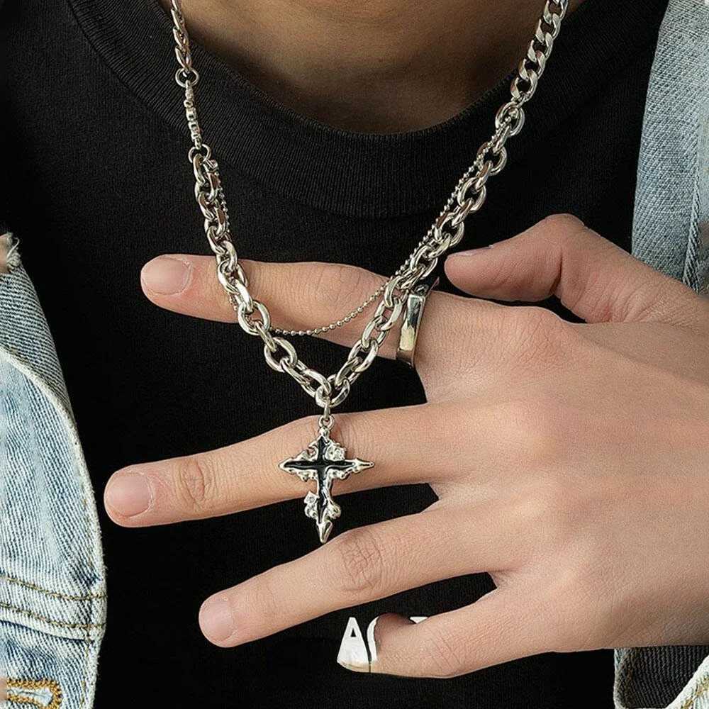 Punk Black Cross Necklace Mens Trend Titanium Steel Chain Sweater Pendant Hip Hop Jewelry Cool Accessories Y250329