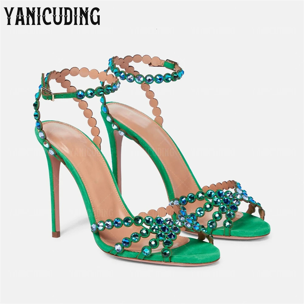 Crystal-Embellished Stiletto Sandals Rhinestone Ankle Strap High Heels Style Multicolor Pvc Leather Sandals 250328