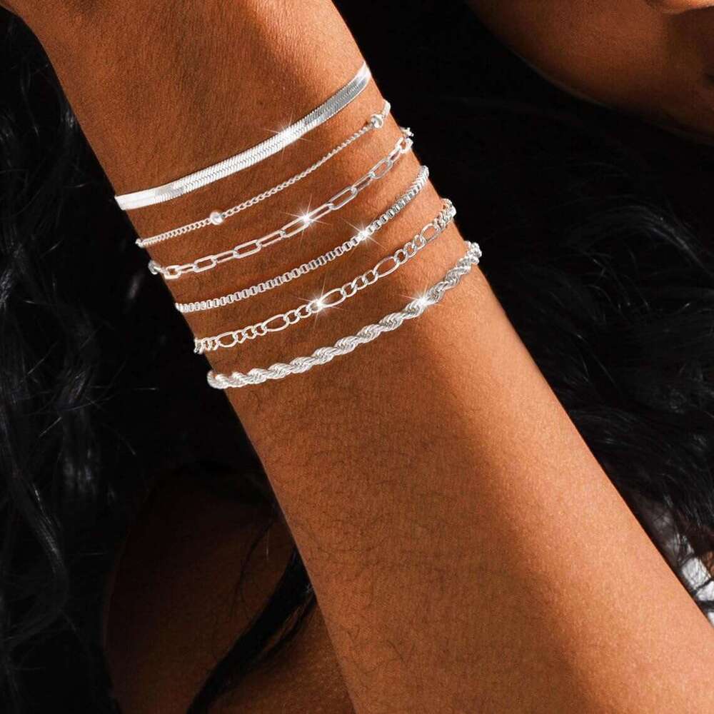 Gold/Sier Women,14K Real Gold Plated Bracelets Stack Trendy Sets Stackable Snake Figaro Paperclip k Chain Adjustable Bracelet Pack Jewelry for Women
