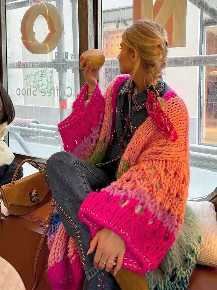 Bohemian color handmade knitted bell sleeve crochet loose kimono cardigan womens autumn and winter coat beach coat K12 250327