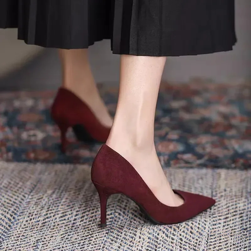 Womens high heels pointed thin high heels pump shoes suede black red blue womens single shoes large size 42 250326