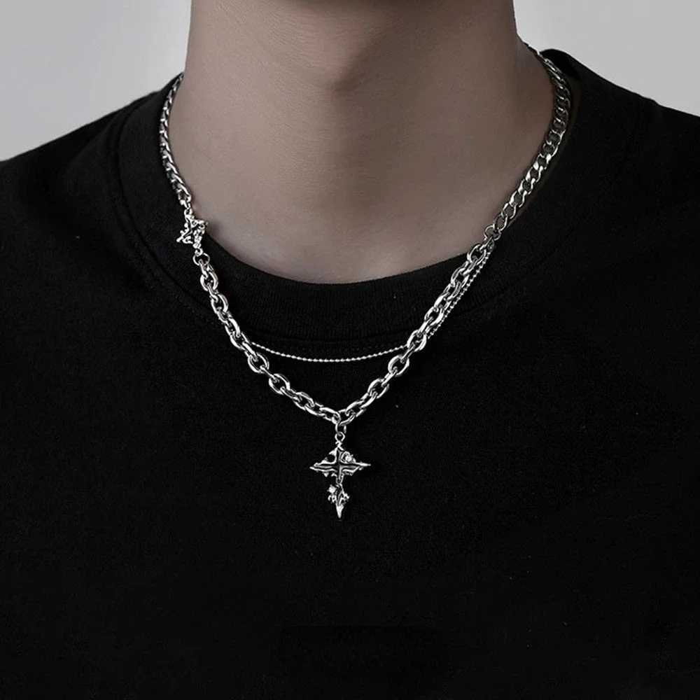 Punk Black Cross Necklace Mens Trend Titanium Steel Chain Sweater Pendant Hip Hop Jewelry Cool Accessories Y250329