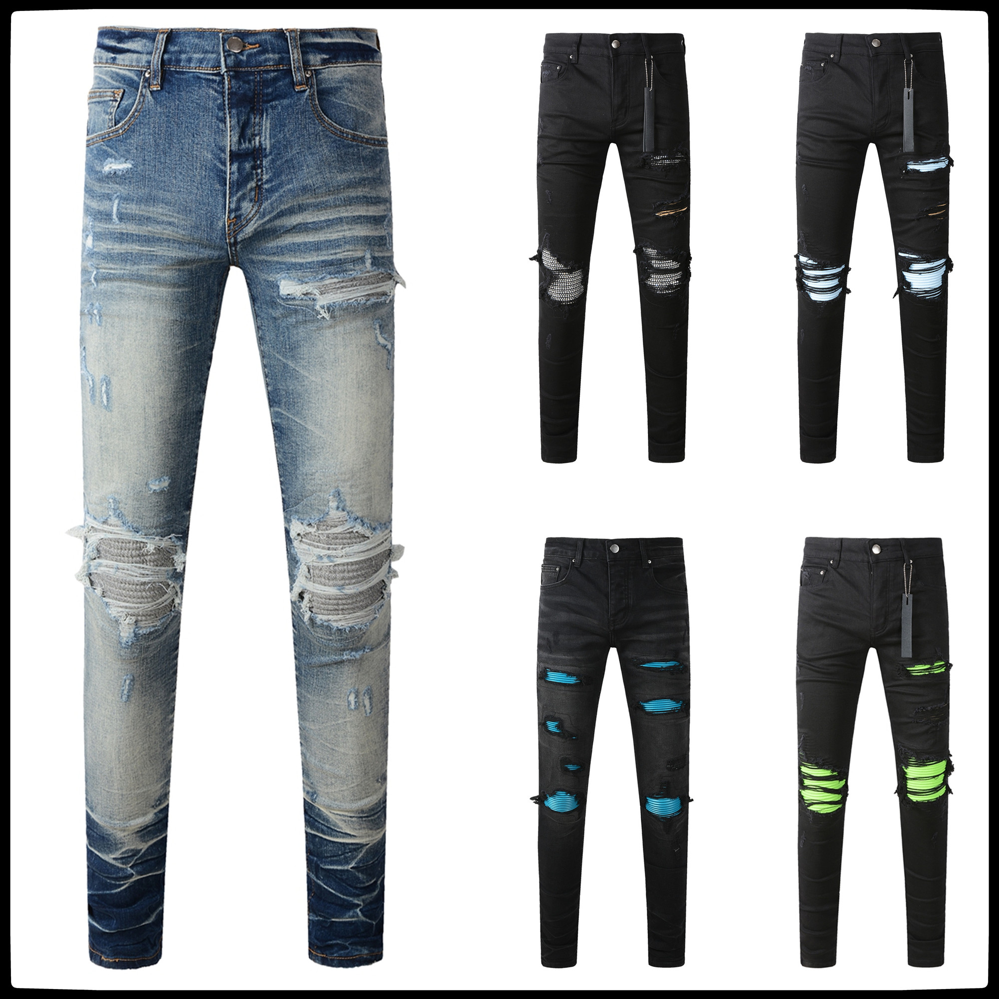designer jeans mens jeans menswear articulated knees with strategic distressing paint-drip accents and reconstructed panels on flex denim with urban grit B1