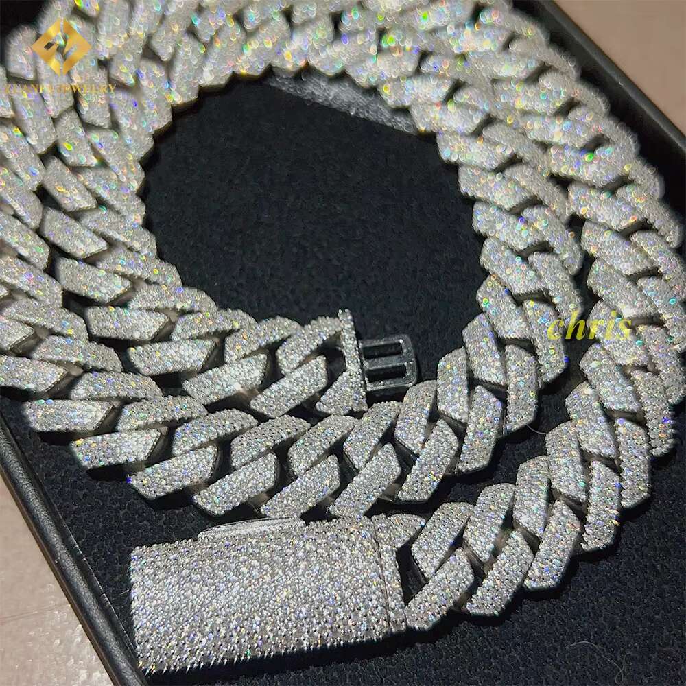 Fast Delivery 15mm 4 Rows Stone VVS Moissanite Iced Out Diamond 925 Cuban Link Chain