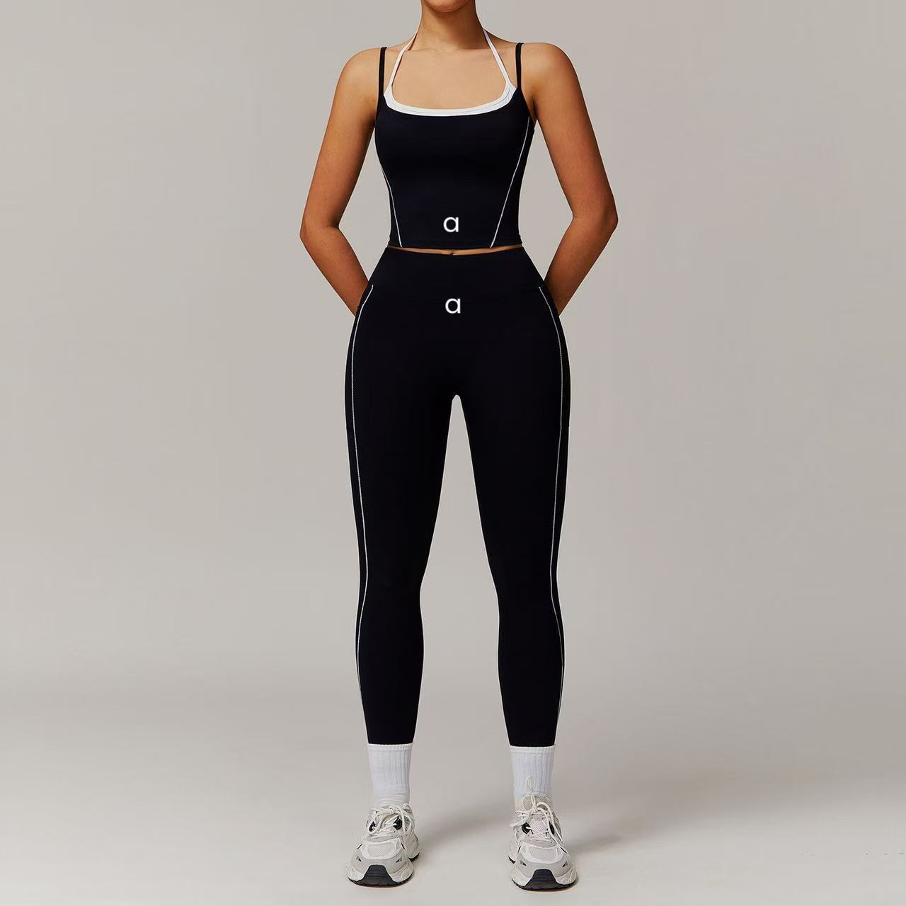2025--Women Yoga Two-piece Set Short Running Tank Top+ Long Pant Shorts Solid Color Sports Bra With Fitness