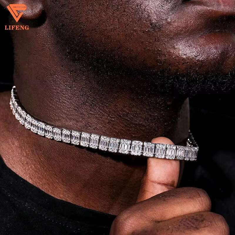 18K Gold Plated 925 Sterling Silver Fashion Tennis Chain Necklace With Emerald Baguette Cut VVS Moissanite Diamond for Men Women