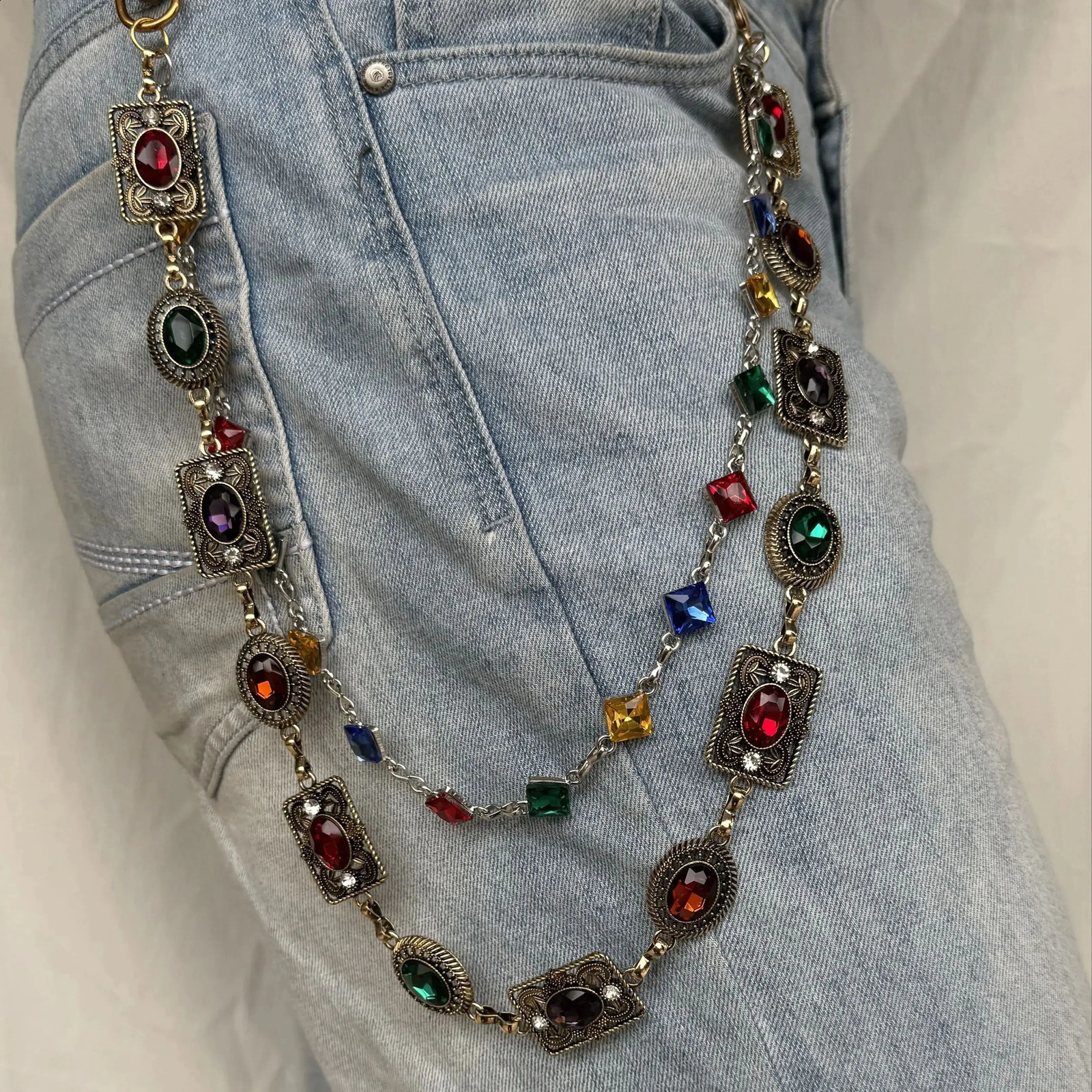 Hip hop punk style double-layer pants chain fashion unique neutral waist accessory 250325