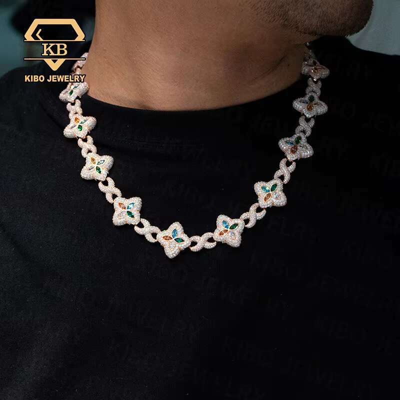 Hip Hop Clover Chains Jewelry VVS Moissanite 925 Silver Rose Gold Plated 22mm Moissanite Iced Out 4 Leaf Cuban Link Chain