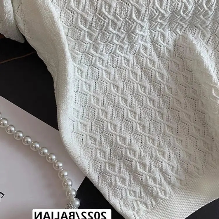 French High end Ice Silk Polo Shirt Women Summer Chic Thin Unique Jacquard Knitted Short Sleeve Loose White T-shirt Women Top250324