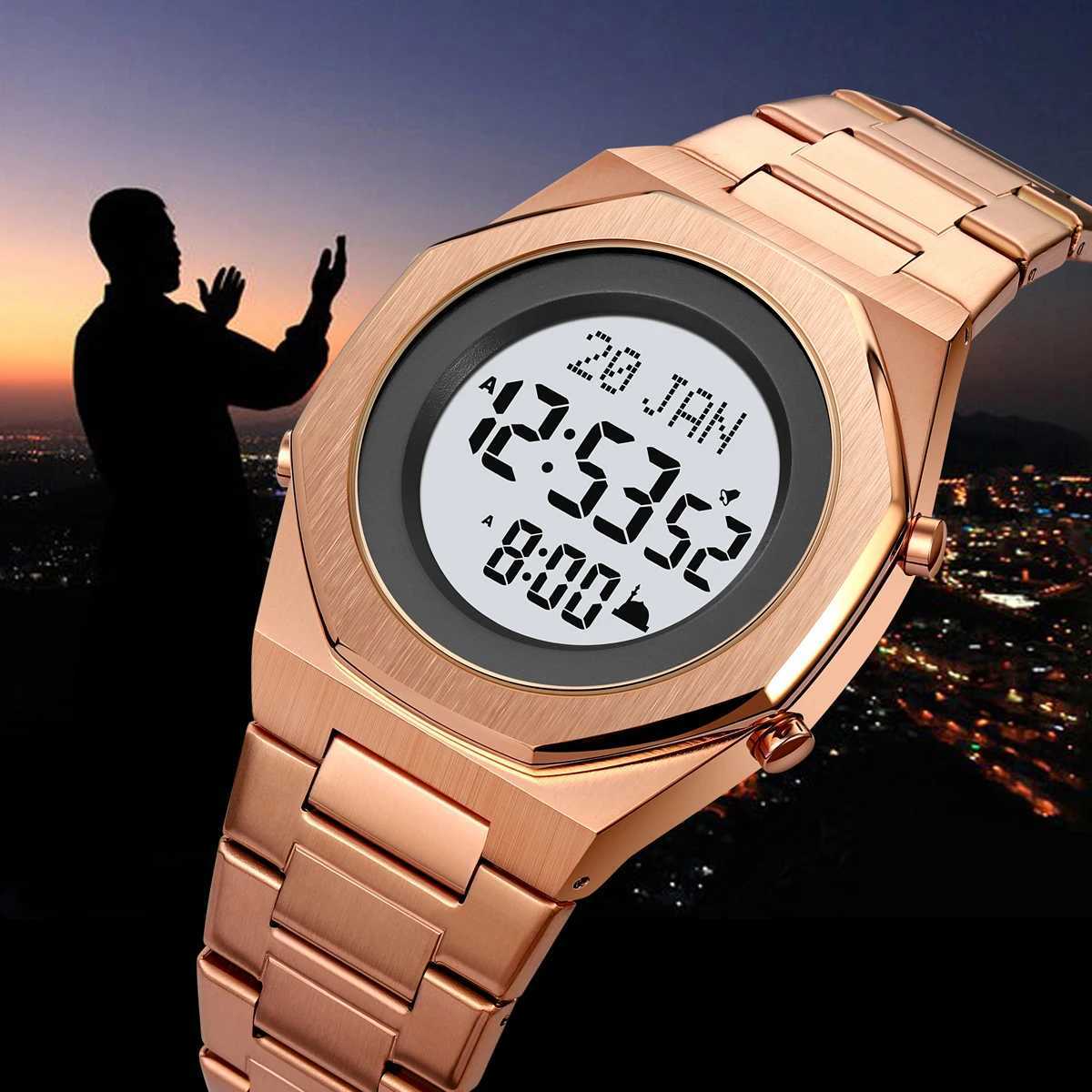 SKMEI Mens Stainless Steel Digital Electronic Islamic Watch Muslim Azan Mens Strap Zipura Compass W250329