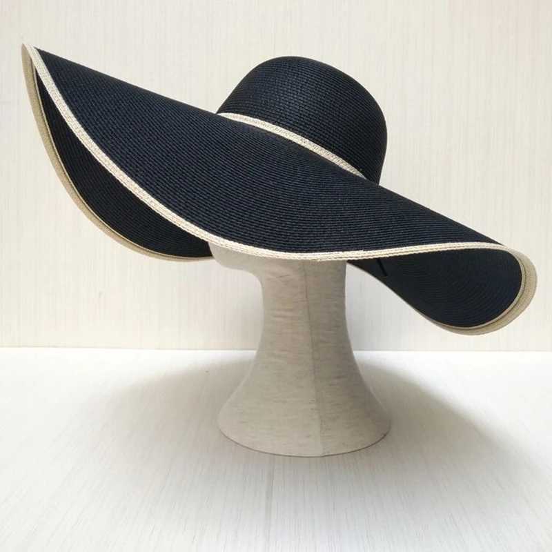 Summer womens sewn large edge 18cm holiday beach hat sun hat hand woven straw hat bracket folding wholesaleXJ250329
