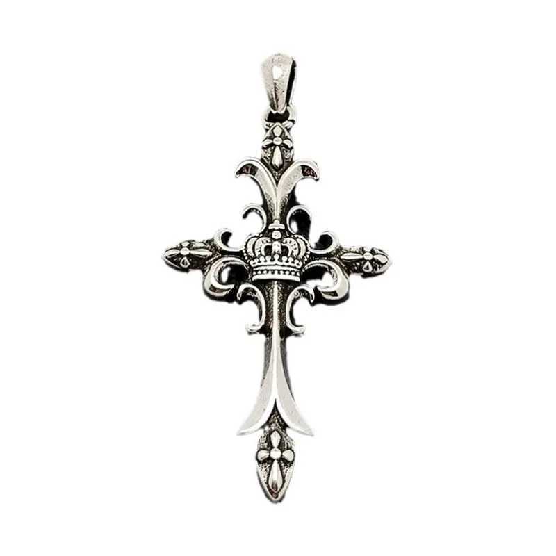 Fashionable 3D Crown Cross Necklace Mens Retro Hip Hop Copper Pendant Sweater Chain Punk Student Jewelry Accessories Gift Y250329