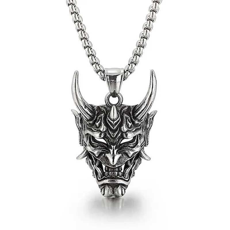 Punk Devil Mask Japanese Samurai Oni Pendant Necklace Mens Jewelry Womens Chain Hip Hop Rock Party Necklace Wholesale Y250329