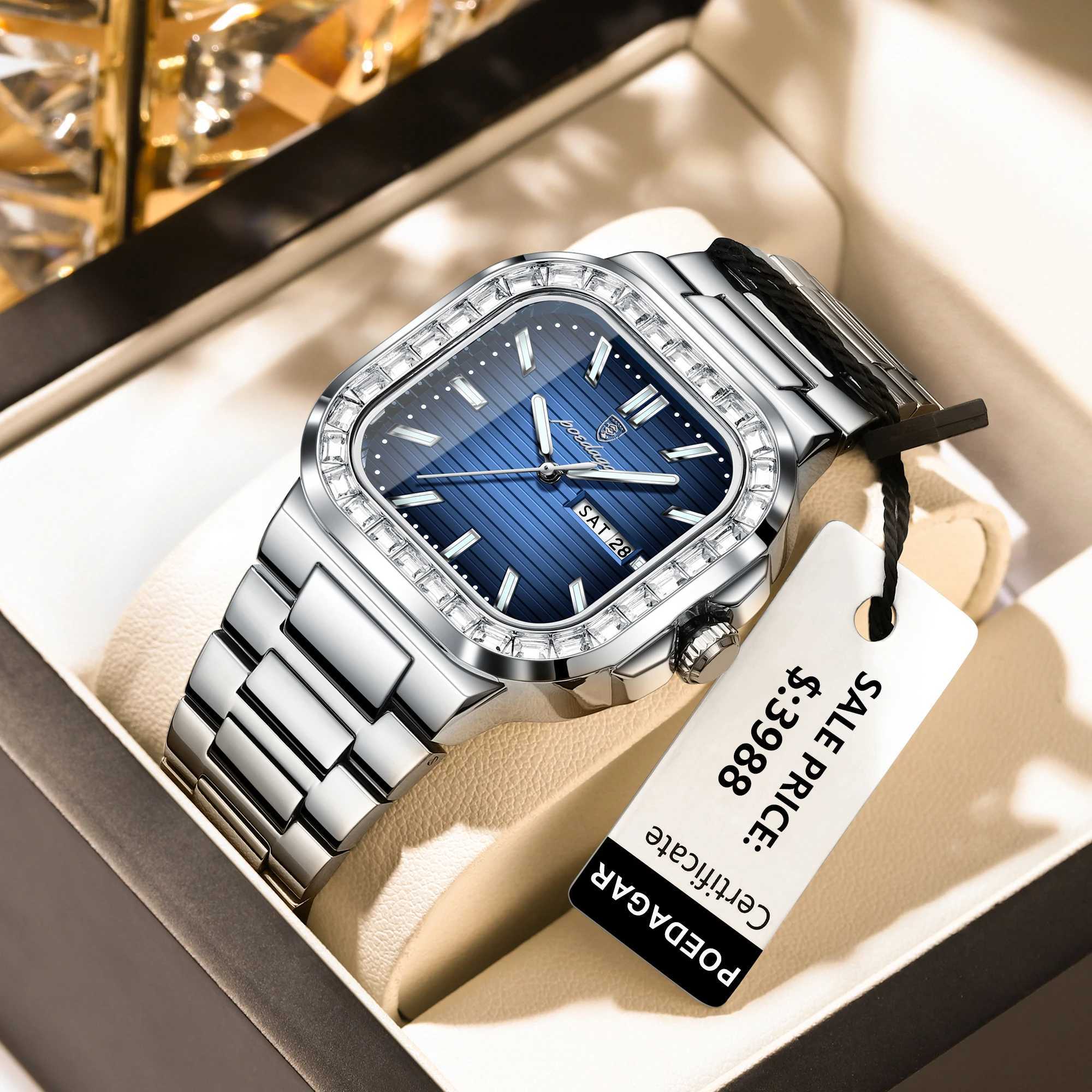 Poedagar Top Brand Luxury Mens Waterproof Luminous Date Week Mens Wrist Stainless Steel Square Quartz Mens Watch W250329