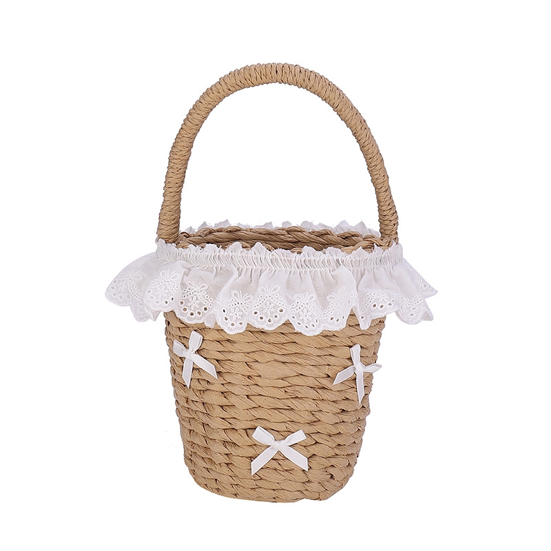 Children's bag Bow Cornhusk paper rope braided bucket bag Girls hand bag Holiday beach bag straw bag