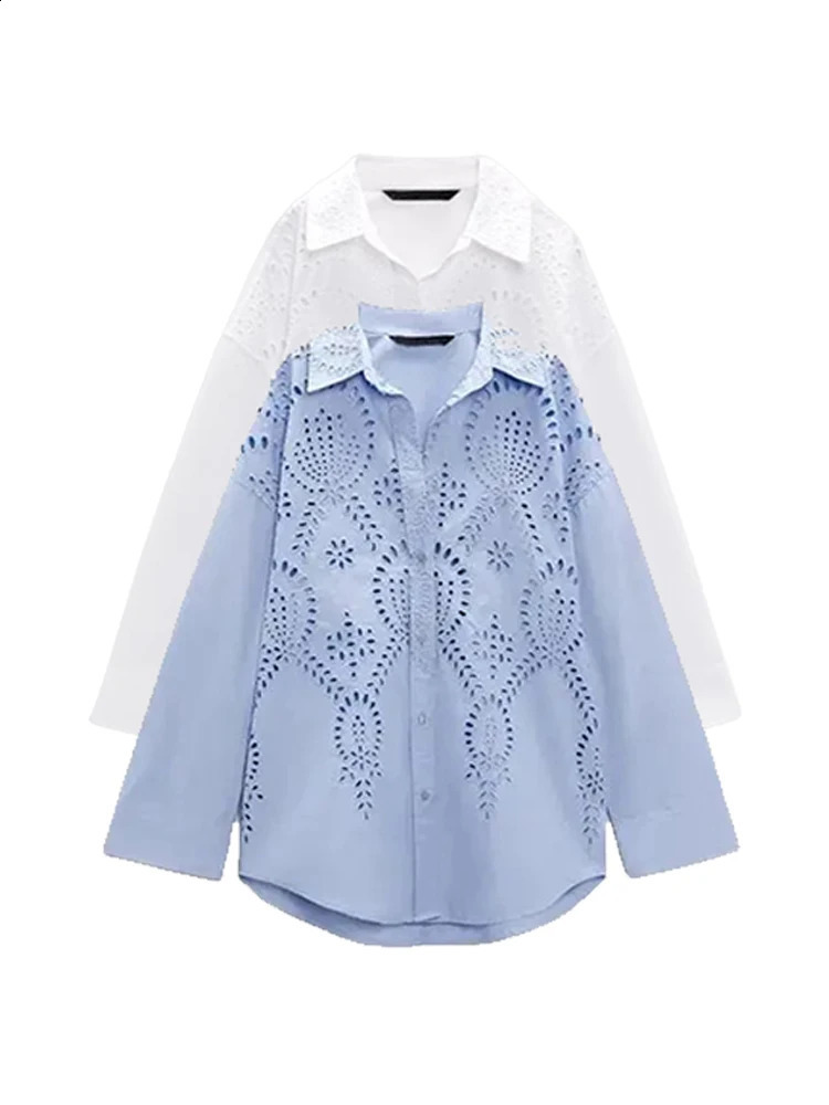 TRAF Womens Fashion Casual Shirt Top Embroidered Hollow Single Chest Collar Long Sleeve Curly Bottom Loose Top 250326