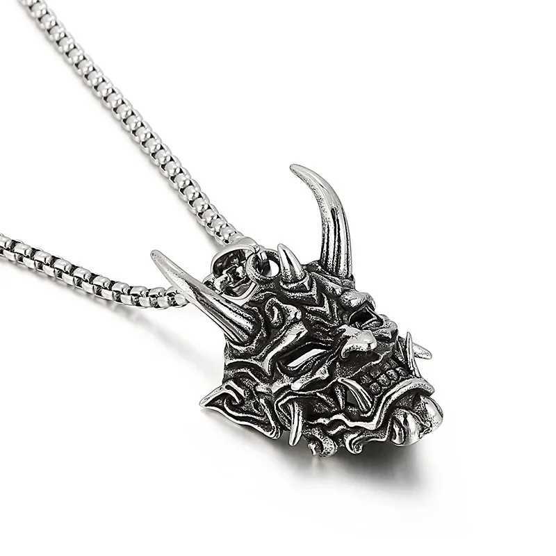 Punk Devil Mask Japanese Samurai Oni Pendant Necklace Mens Jewelry Womens Chain Hip Hop Rock Party Necklace Wholesale Y250329