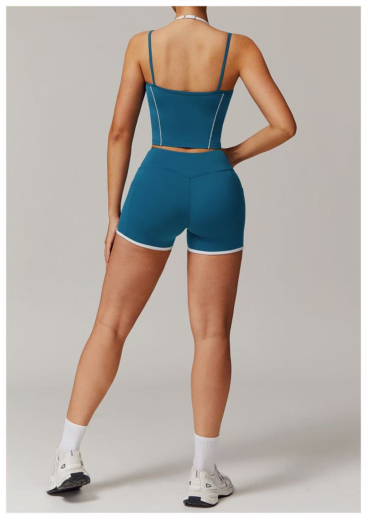 2025--Women Yoga Two-piece Set Short Running Tank Top+ Long Pant Shorts Solid Color Sports Bra With Fitness