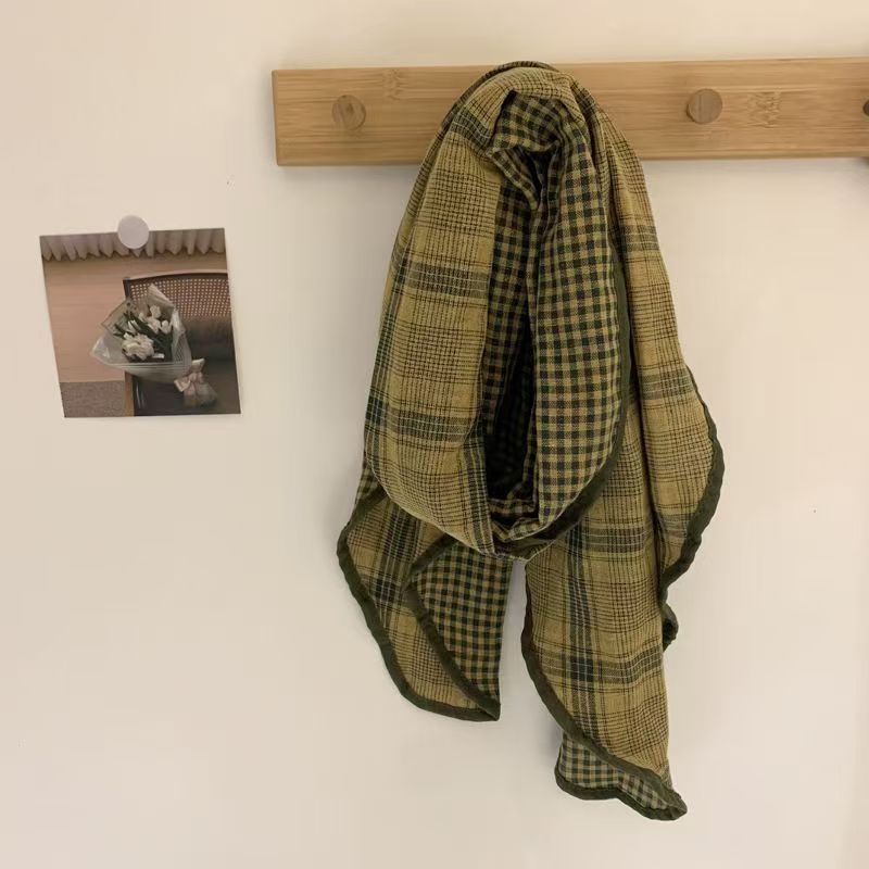 T374 Japanese style art cotton and linen scarf soft plaid double-sided neck protection two-purpose scarf spring and autumn matching scarf shawl female
