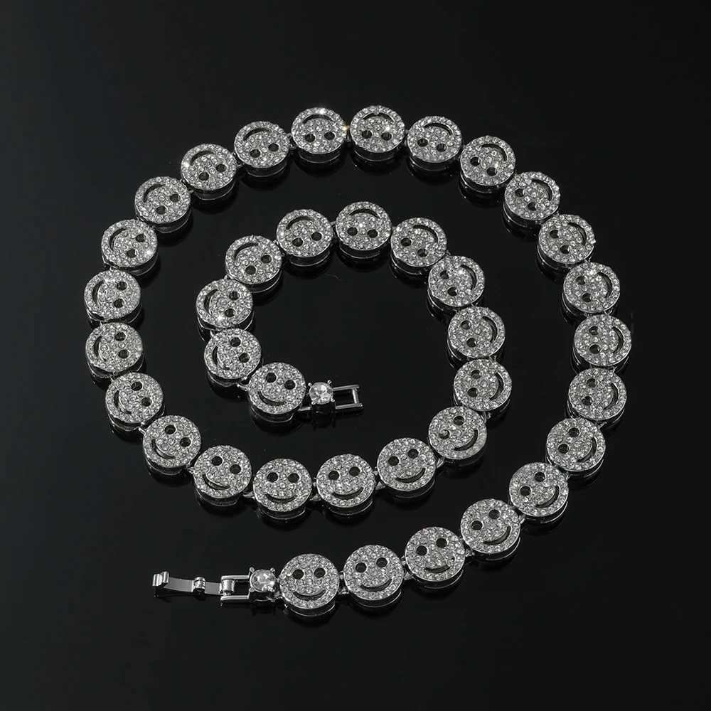 Mens Hip Hop Round Smile Tennis Chain Necklace Hip Hop Ice Sparkle 12mm Crystal Bracelet Set Fashion Charm Jewelry Y250329