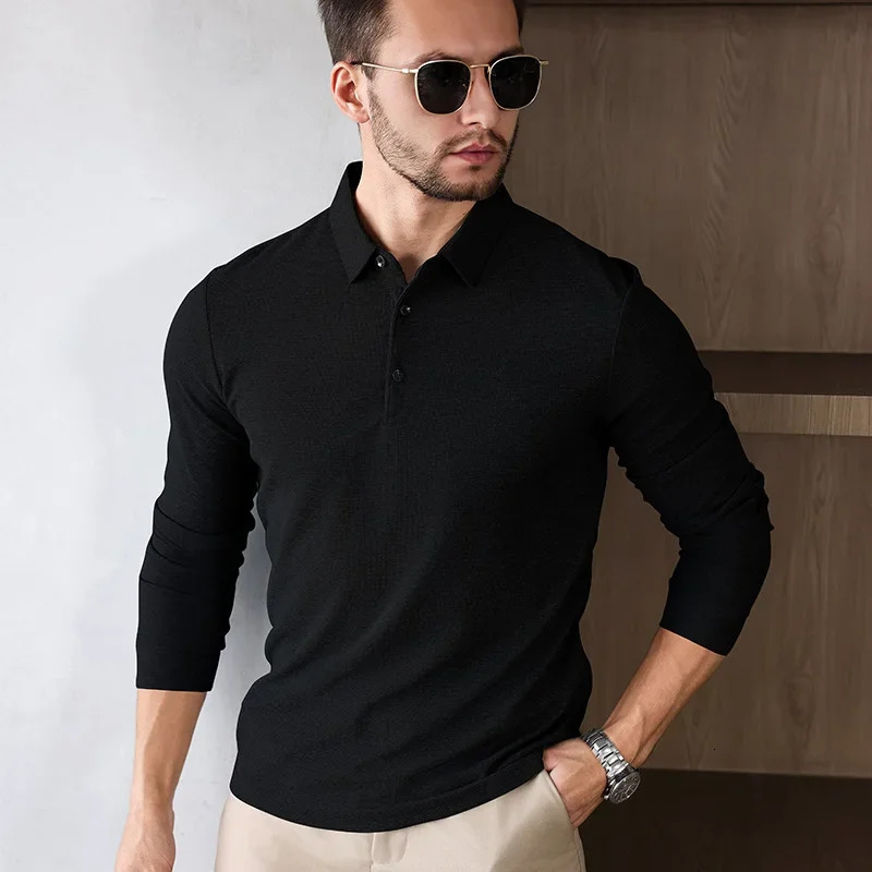 Mens business casual long sleeved solid color polo shirt fashionable breathable and comfortable Versatile top 250327