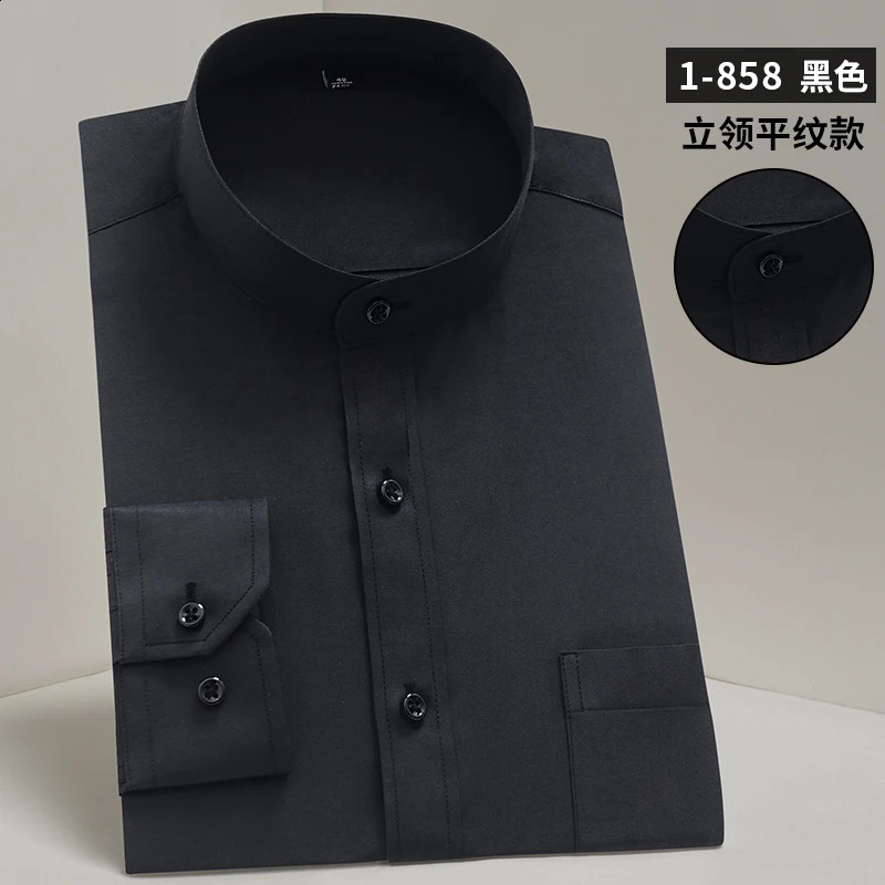 Stand up collar mens long sleeved Chinese Tang style dress breathable wrinkle resistant easy to care for business casual dress 250327