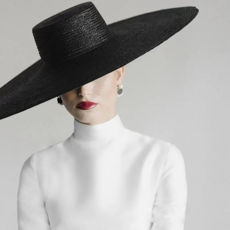 Spring Summer 18cm Wide Brim Black Straw Hat Flat Top Straw Hats For Women Elegant French Retro Sun Hat Hat 250328