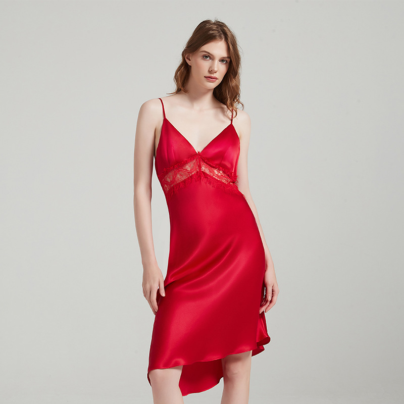 MU7130 Master quality lace silk nightdress backless sexy suspender skirt 100% mulberry silk skin-friendly comfortable home clothes